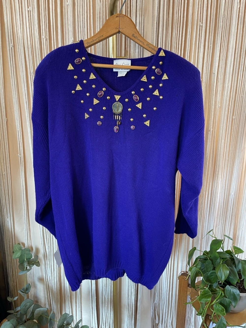 Vintage 90s chunky knit sweater purple jeweled medallion gemstone Cover Charge